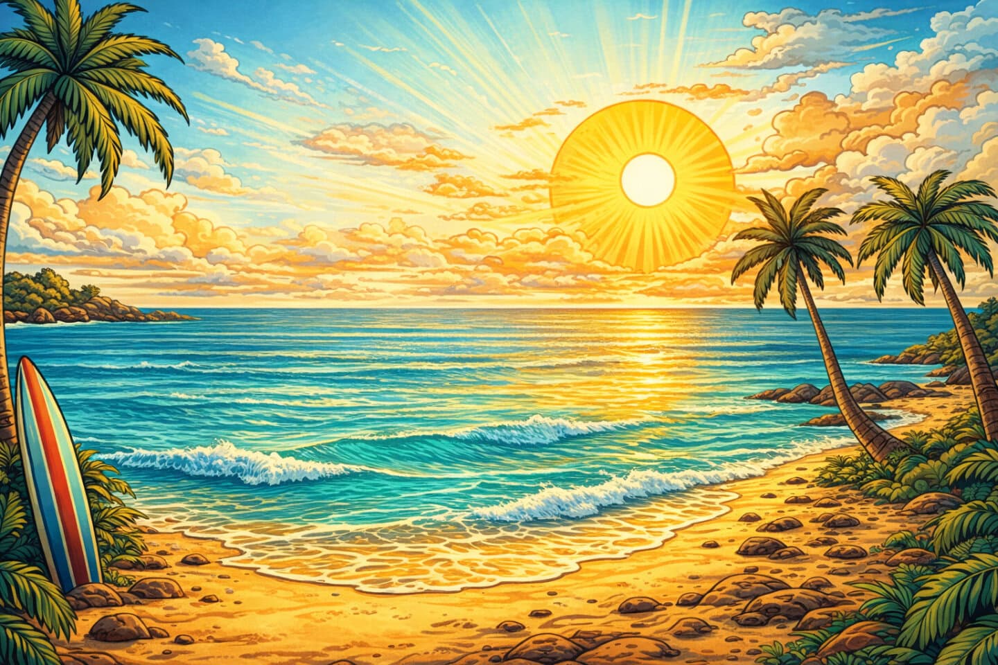 Himmel, Sonne und Palmen am Strand bei Sonnenuntergang, tropische Urlaubsatmosphäre, entspannte Stra.