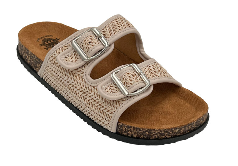 Fussbett-Slipper von West Style, Hausschuh aus Textil mit Korkimitat-Fussbett, Farbe Beige, Multicolor