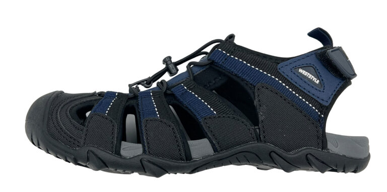 Trekkingsandale von West Style in Schwarz-Blau, mit geschlossener Zehenkappe, elastischer Schnürung und Fersenriemen